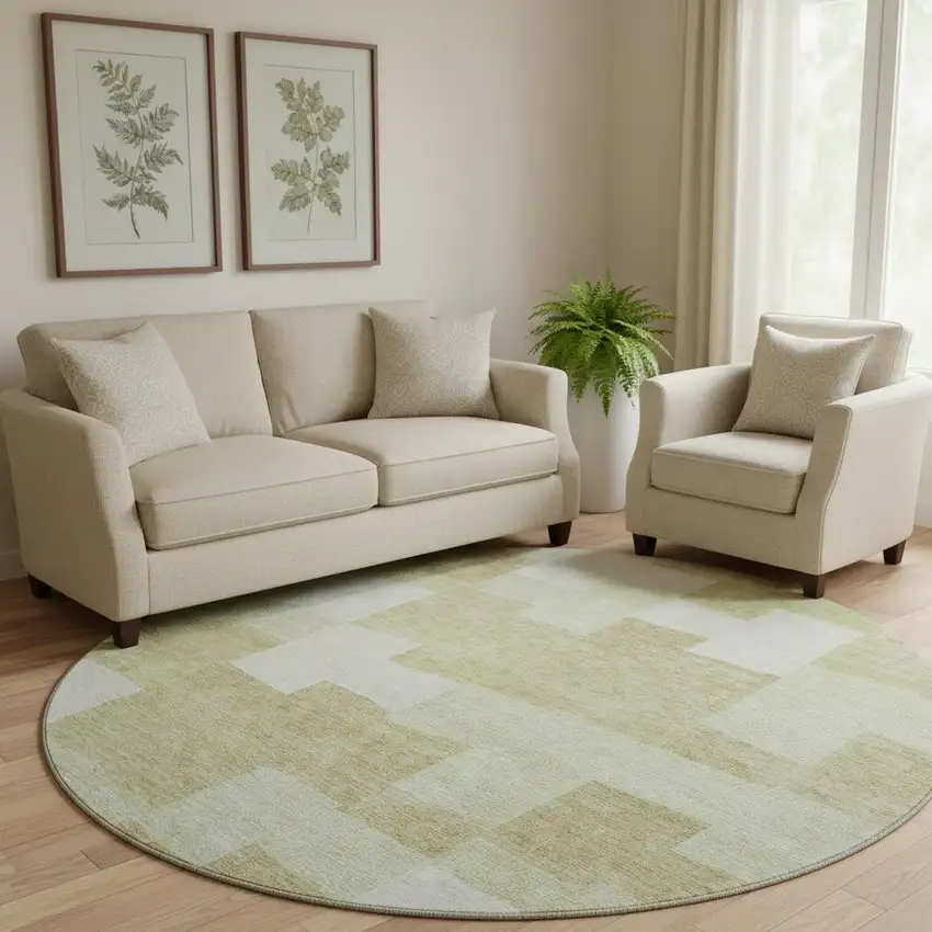 8' Beige And Ivory Geometric Washable Round Rug With UV Protection Photo 1