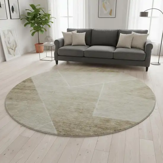 8' Beige And Ivory Geometric Washable Round Rug With UV Protection Photo 2