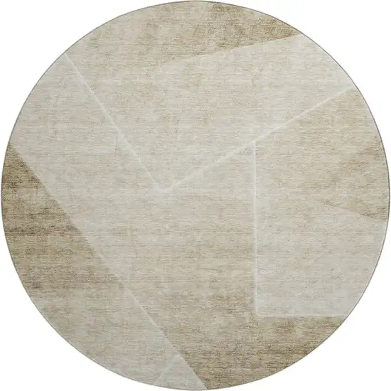 8' Beige And Ivory Geometric Washable Round Rug With UV Protection Photo 1