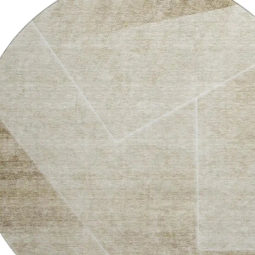 8' Beige And Ivory Geometric Washable Round Rug With UV Protection Photo 3