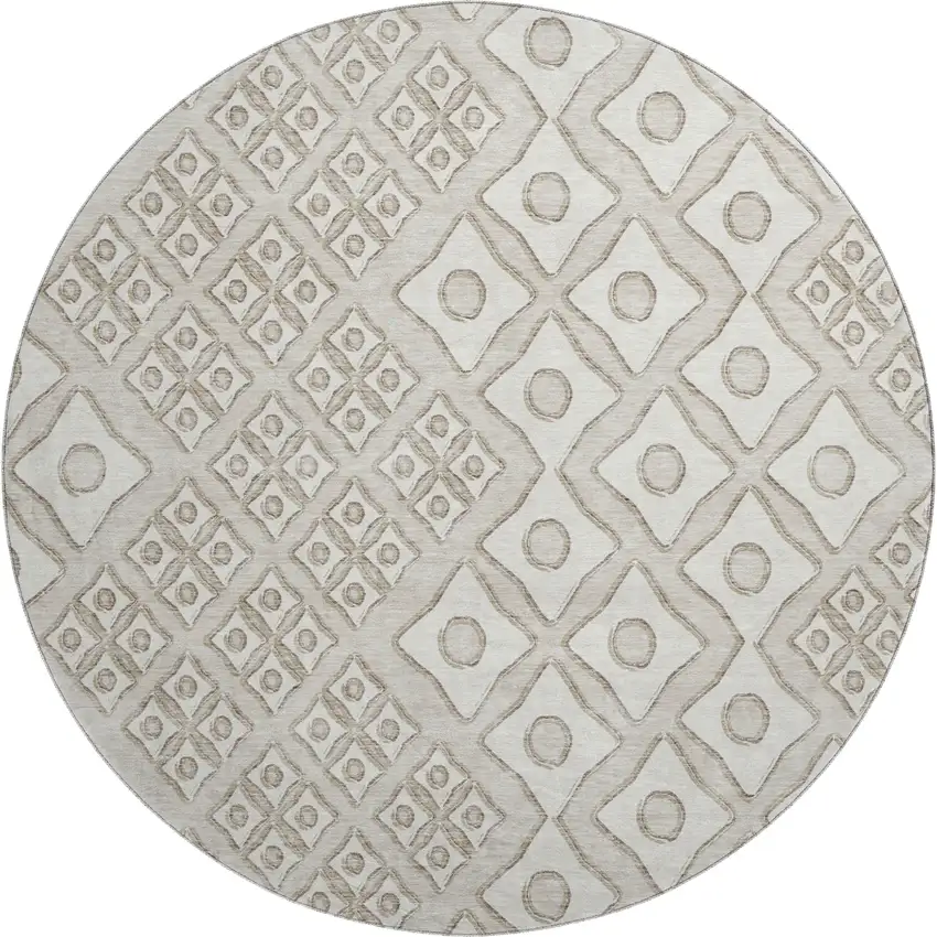 8' Beige And Ivory Geometric Washable Round Rug With UV Protection Photo 2