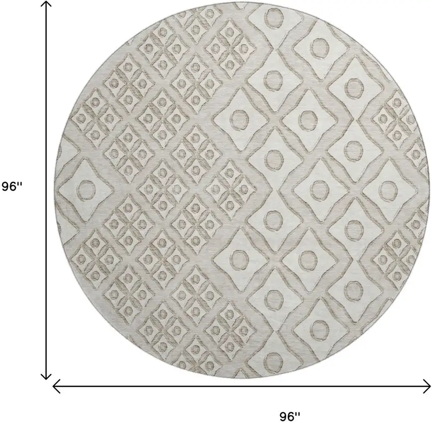 8' Beige And Ivory Geometric Washable Round Rug With UV Protection Photo 3