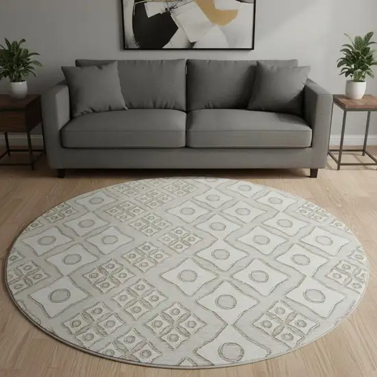 8' Beige And Ivory Geometric Washable Round Rug With UV Protection Photo 1