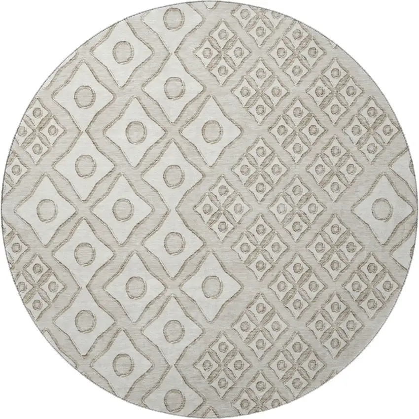 8' Beige And Ivory Geometric Washable Round Rug With UV Protection Photo 4