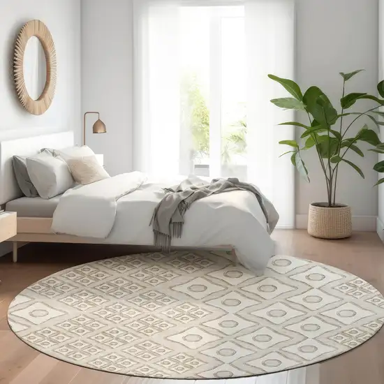 8' Beige And Ivory Geometric Washable Round Rug With UV Protection Photo 5
