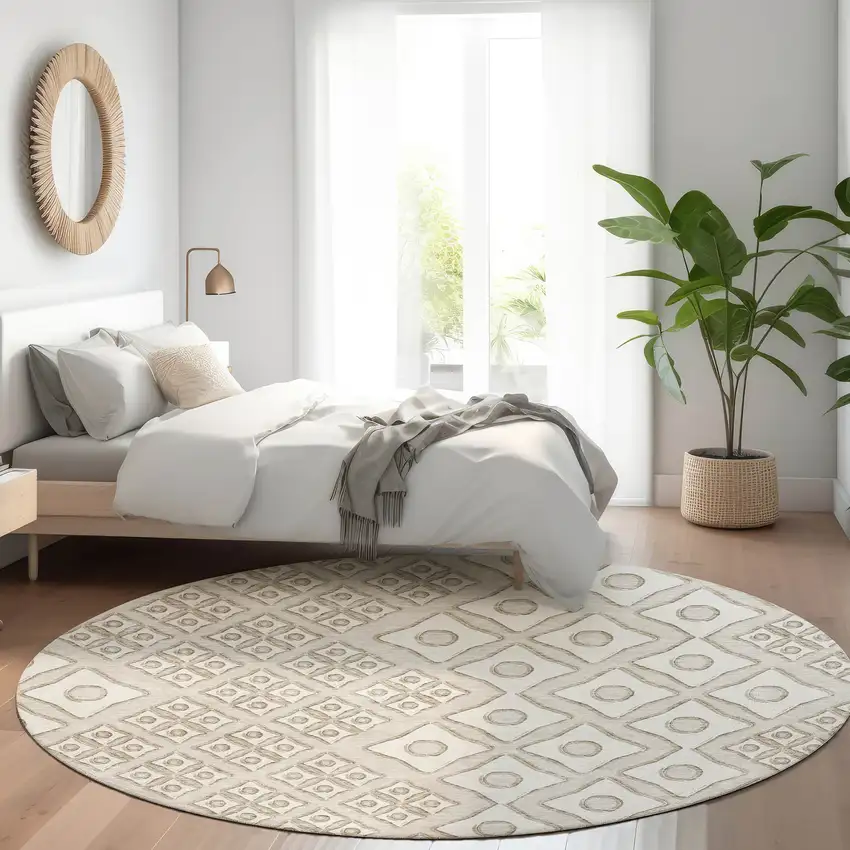 8' Beige And Ivory Geometric Washable Round Rug With UV Protection Photo 5