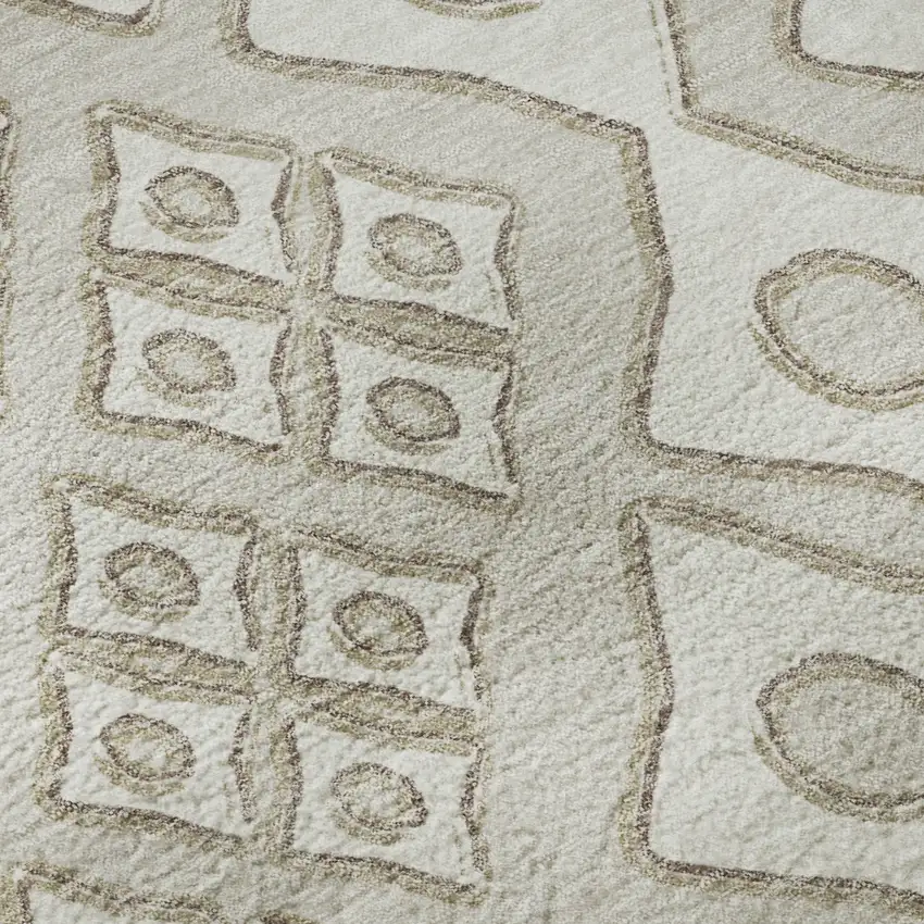 8' Beige And Ivory Geometric Washable Round Rug With UV Protection Photo 9