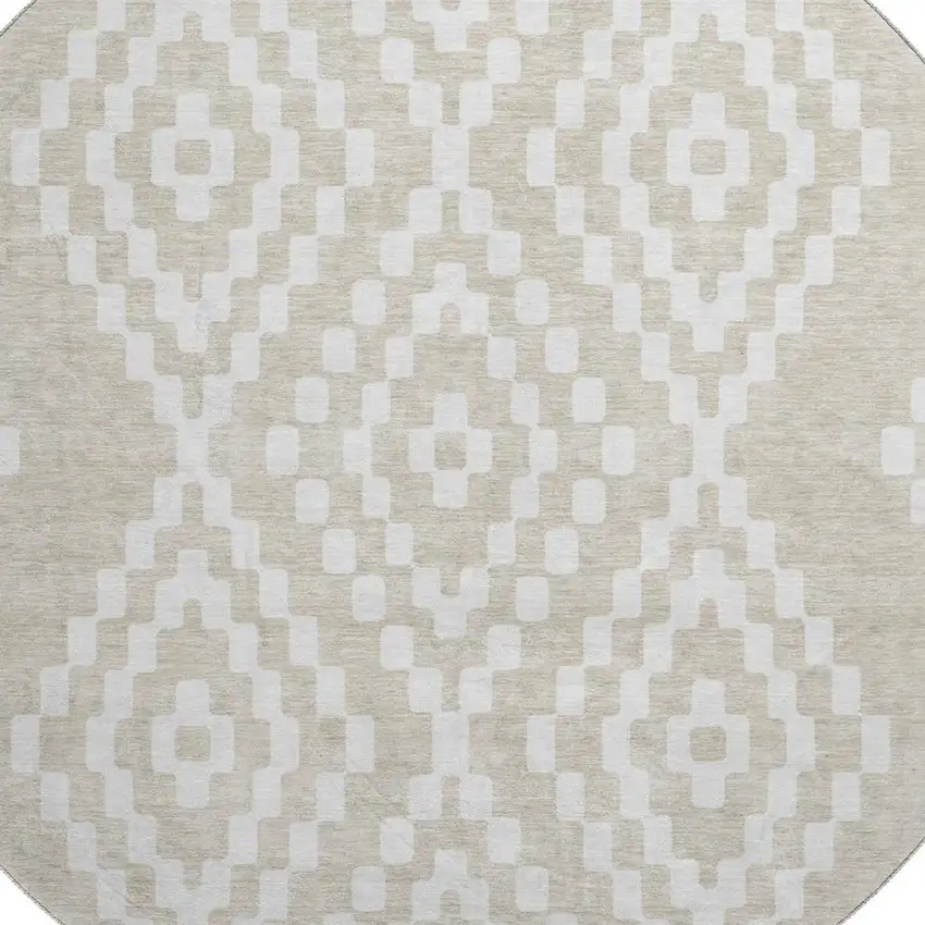 8' Beige And Ivory Geometric Washable Round Rug With UV Protection Photo 3