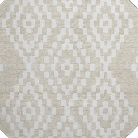 8' Beige And Ivory Geometric Washable Round Rug With UV Protection Photo 3
