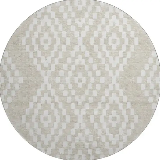 8' Beige And Ivory Geometric Washable Round Rug With UV Protection Photo 4