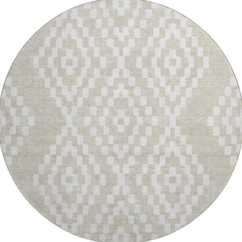 8' Beige And Ivory Geometric Washable Round Rug With UV Protection Photo 4