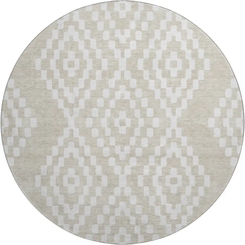 8' Beige And Ivory Geometric Washable Round Rug With UV Protection Photo 1