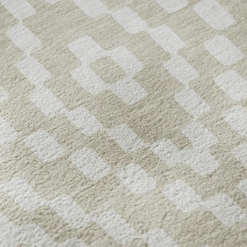 8' Beige And Ivory Geometric Washable Round Rug With UV Protection Photo 9