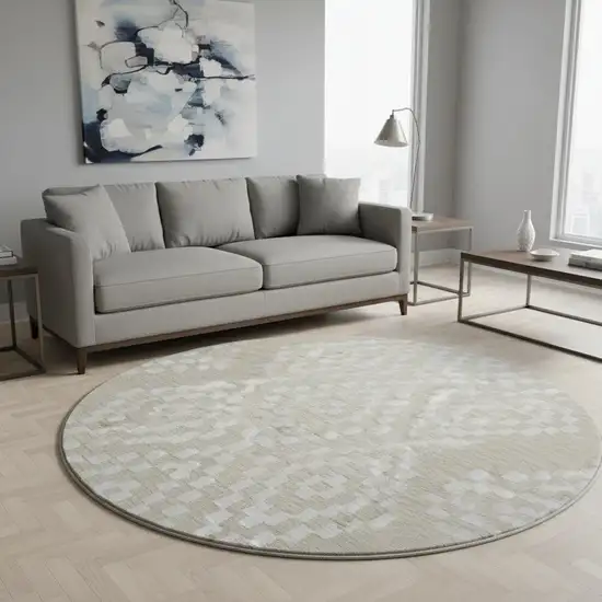 8' Beige And Ivory Geometric Washable Round Rug With UV Protection Photo 2