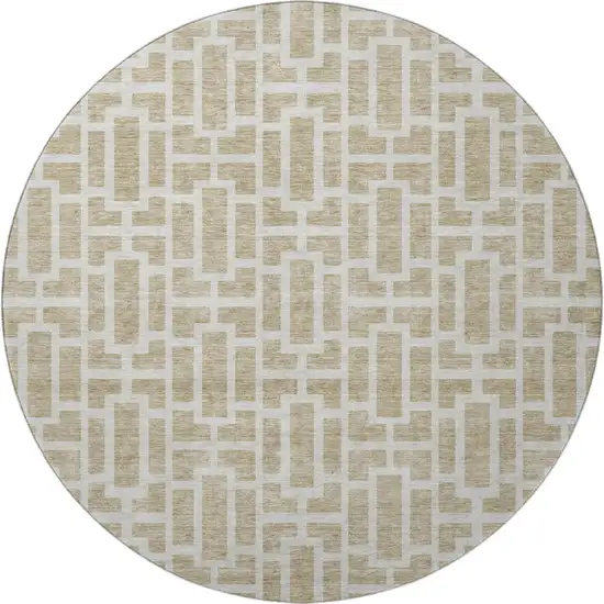 8' Beige And Ivory Geometric Washable Round Rug With UV Protection Photo 3