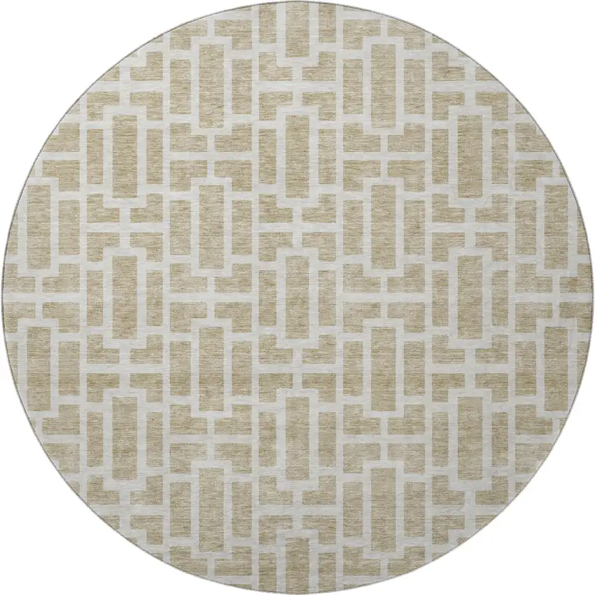 8' Beige And Ivory Geometric Washable Round Rug With UV Protection Photo 3
