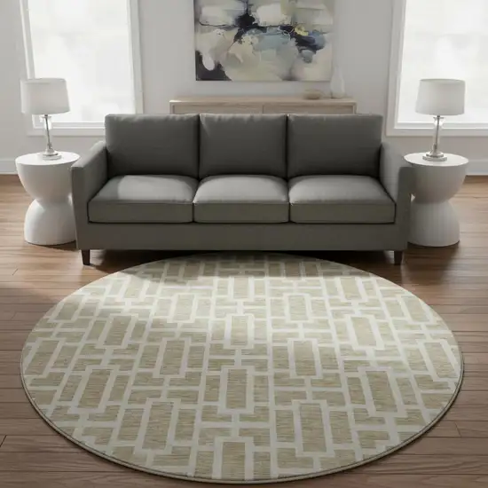 8' Beige And Ivory Geometric Washable Round Rug With UV Protection Photo 2