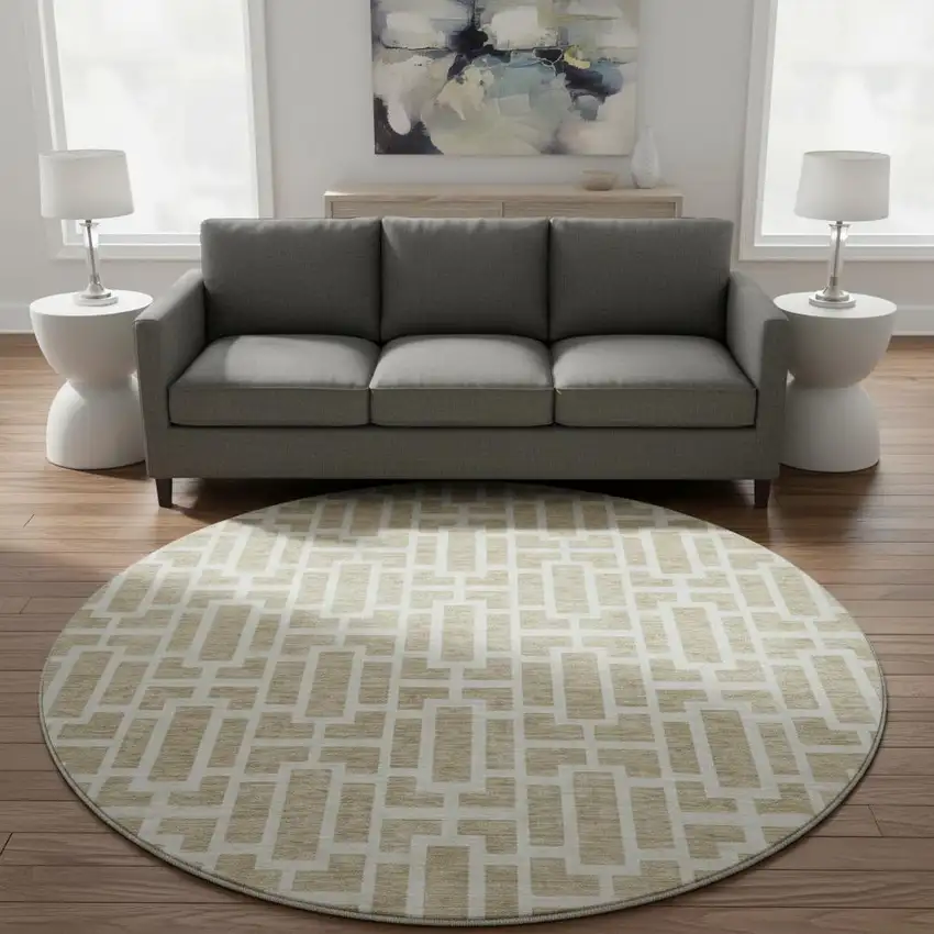 8' Beige And Ivory Geometric Washable Round Rug With UV Protection Photo 2