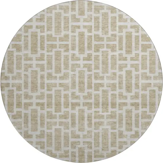 8' Beige And Ivory Geometric Washable Round Rug With UV Protection Photo 1