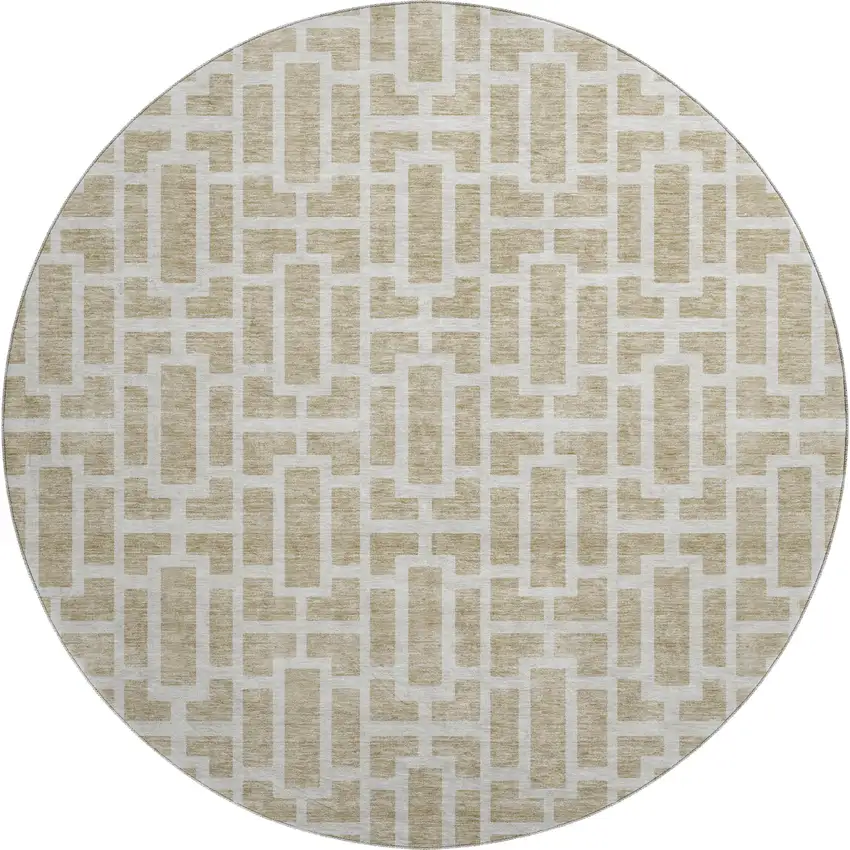 8' Beige And Ivory Geometric Washable Round Rug With UV Protection Photo 1