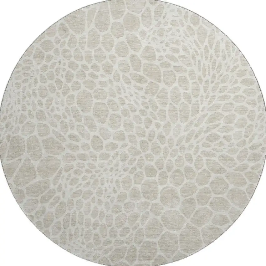 8' Beige And Ivory Geometric Washable Round Rug With UV Protection Photo 4