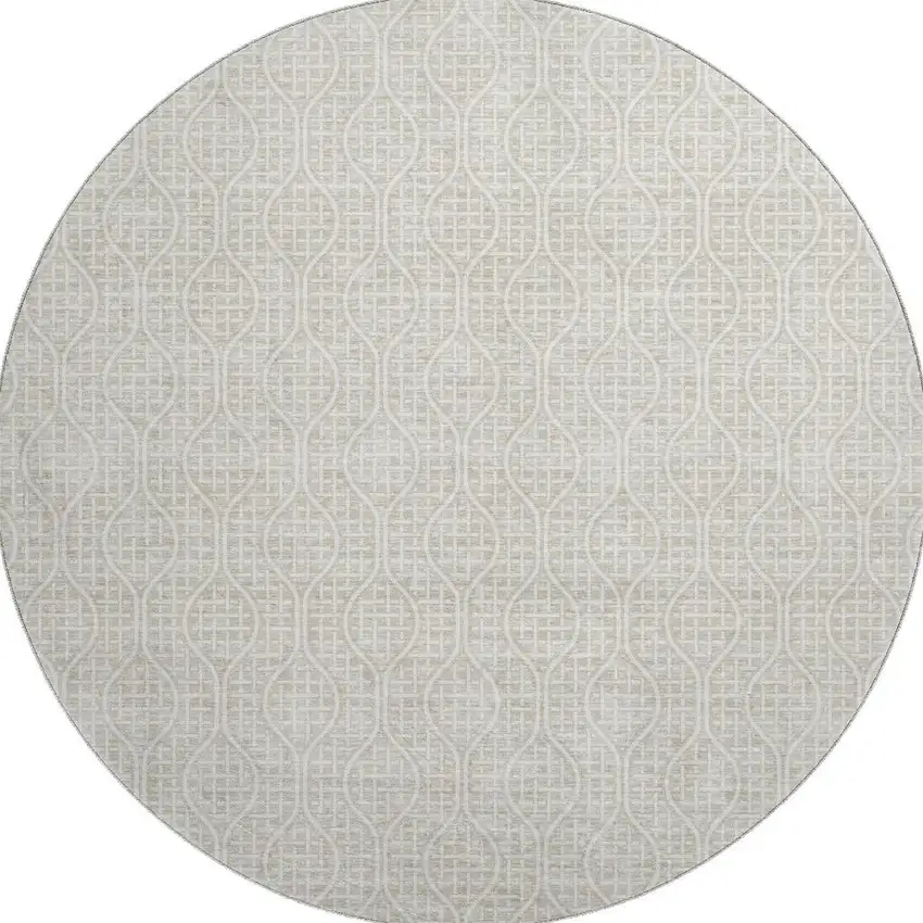 8' Beige And Ivory Geometric Washable Round Rug With UV Protection Photo 3