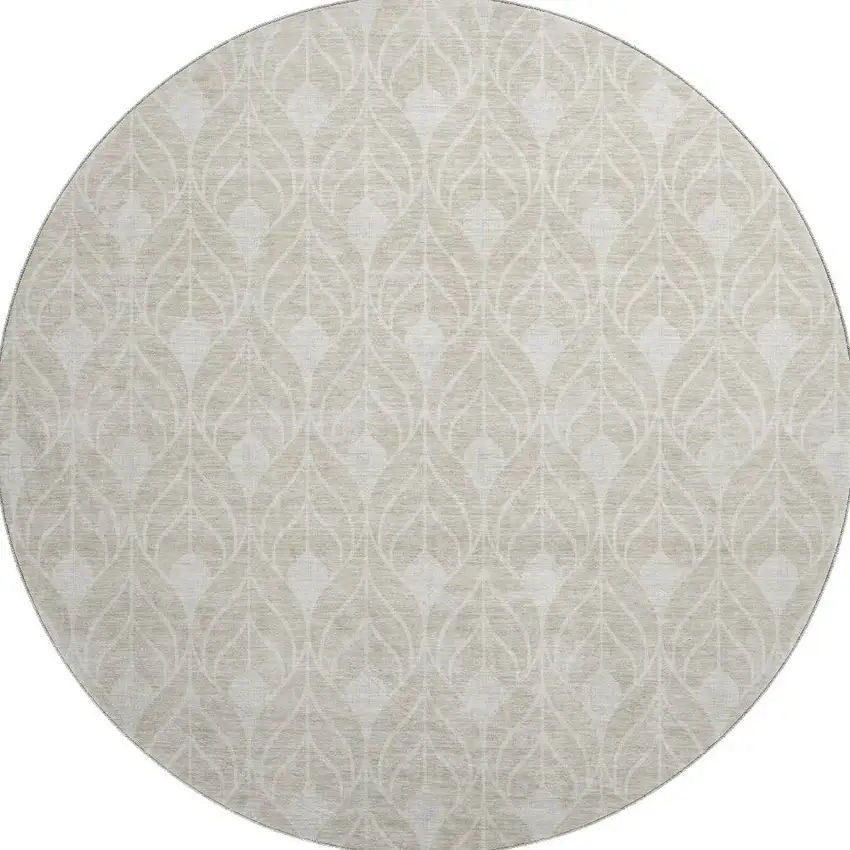 8' Beige And Ivory Geometric Washable Round Rug With UV Protection Photo 3