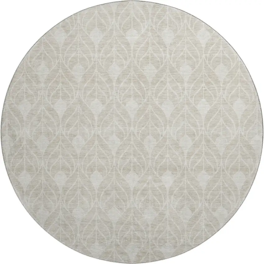 8' Beige And Ivory Geometric Washable Round Rug With UV Protection Photo 1