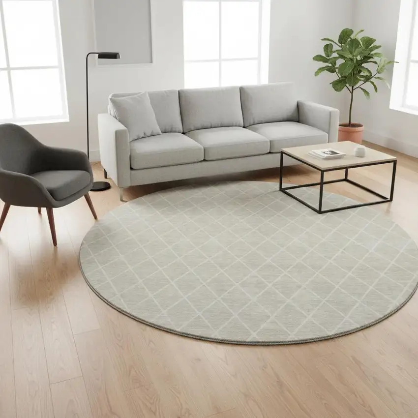 8' Beige And Ivory Geometric Washable Round Rug With UV Protection Photo 2