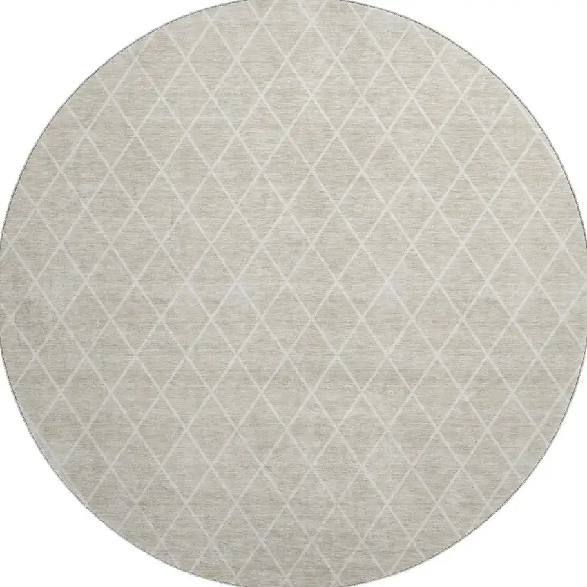 8' Beige And Ivory Geometric Washable Round Rug With UV Protection Photo 2