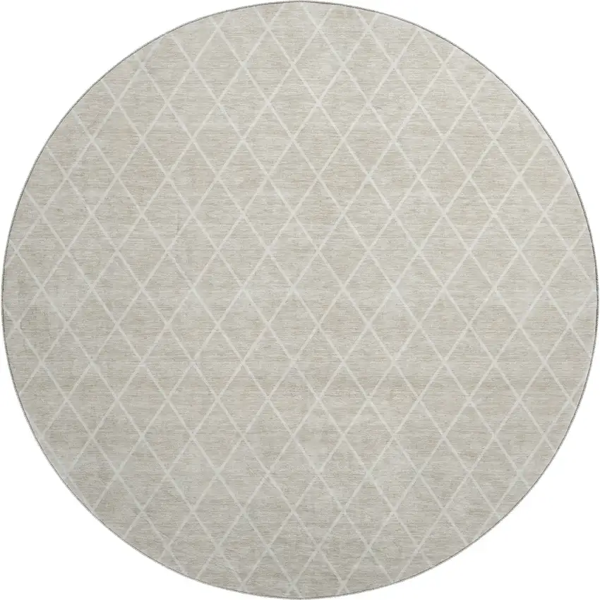 8' Beige And Ivory Geometric Washable Round Rug With UV Protection Photo 1