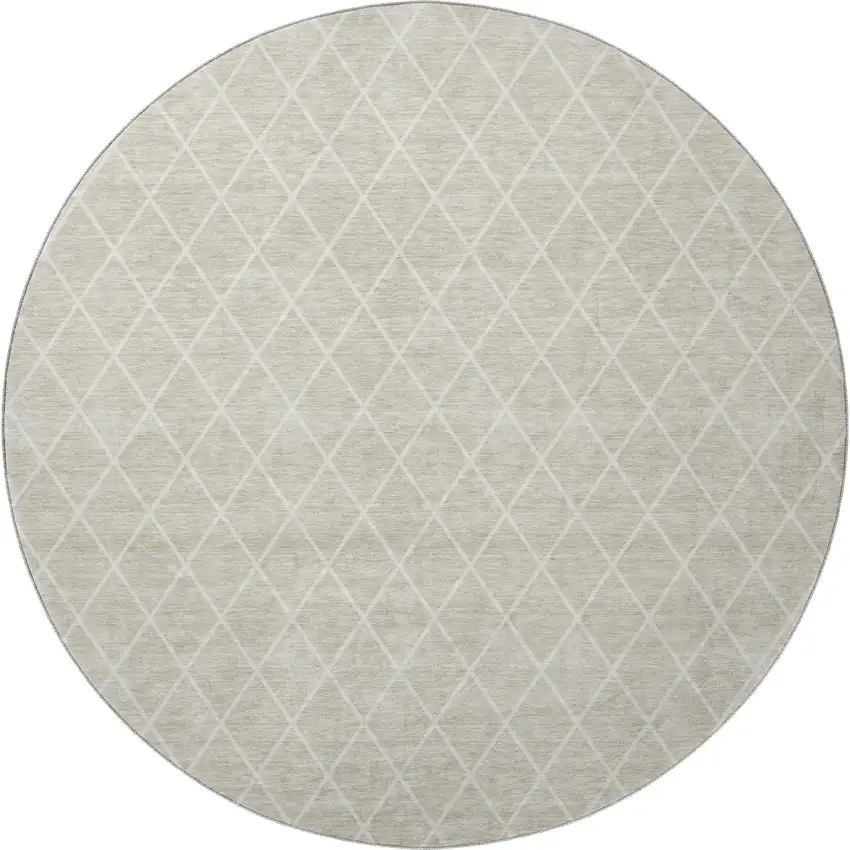 8' Beige And Ivory Geometric Washable Round Rug With UV Protection Photo 3