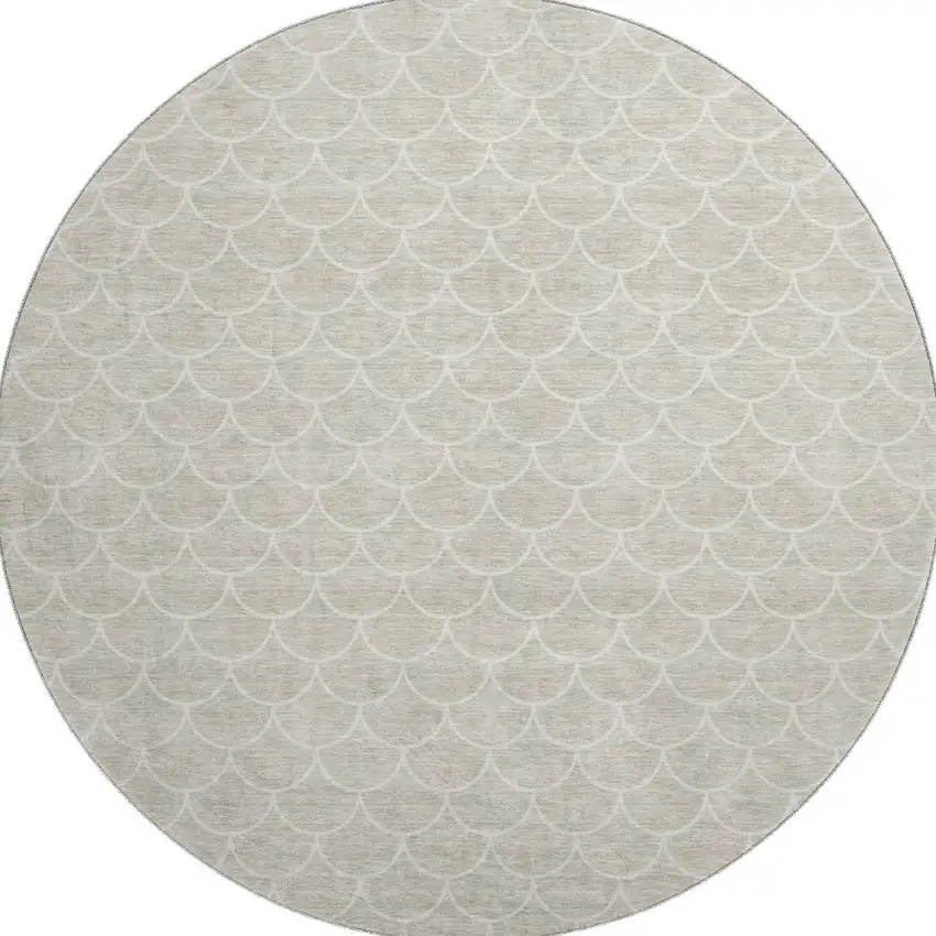 8' Beige And Ivory Geometric Washable Round Rug With UV Protection Photo 2