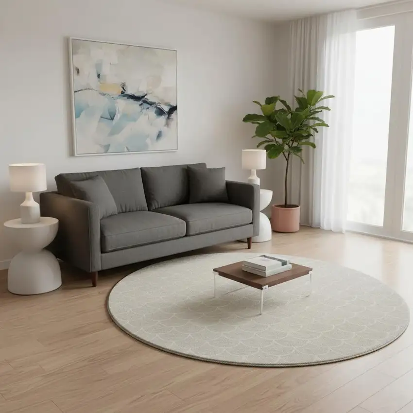 8' Beige And Ivory Geometric Washable Round Rug With UV Protection Photo 2