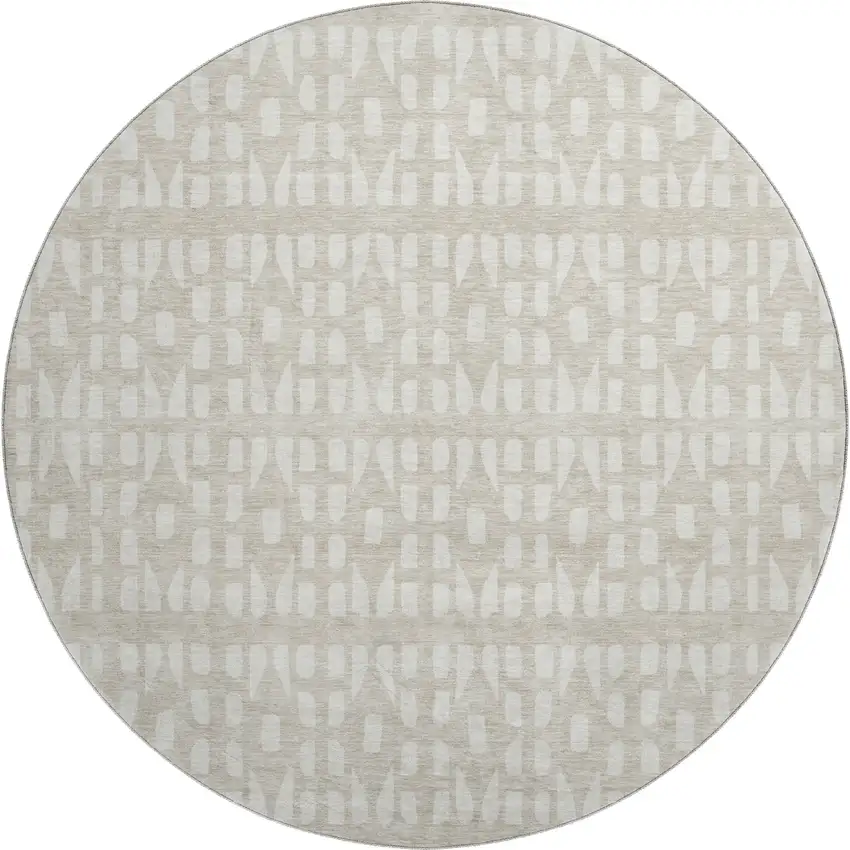 8' Beige And Ivory Geometric Washable Round Rug With UV Protection Photo 1
