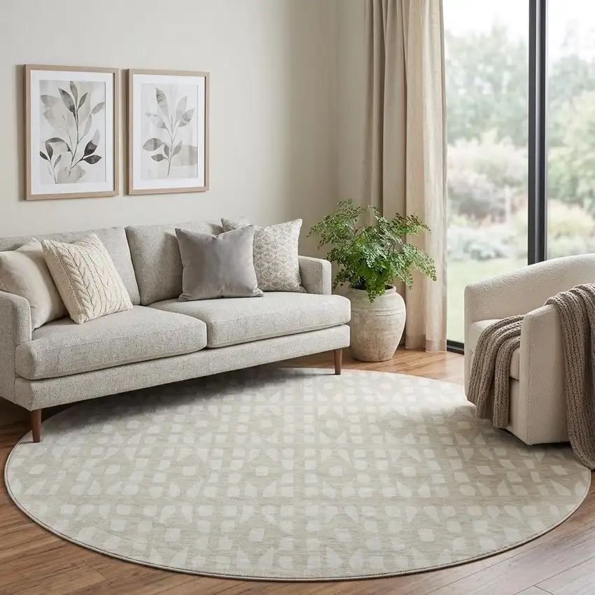 8' Beige And Ivory Geometric Washable Round Rug With UV Protection Photo 1