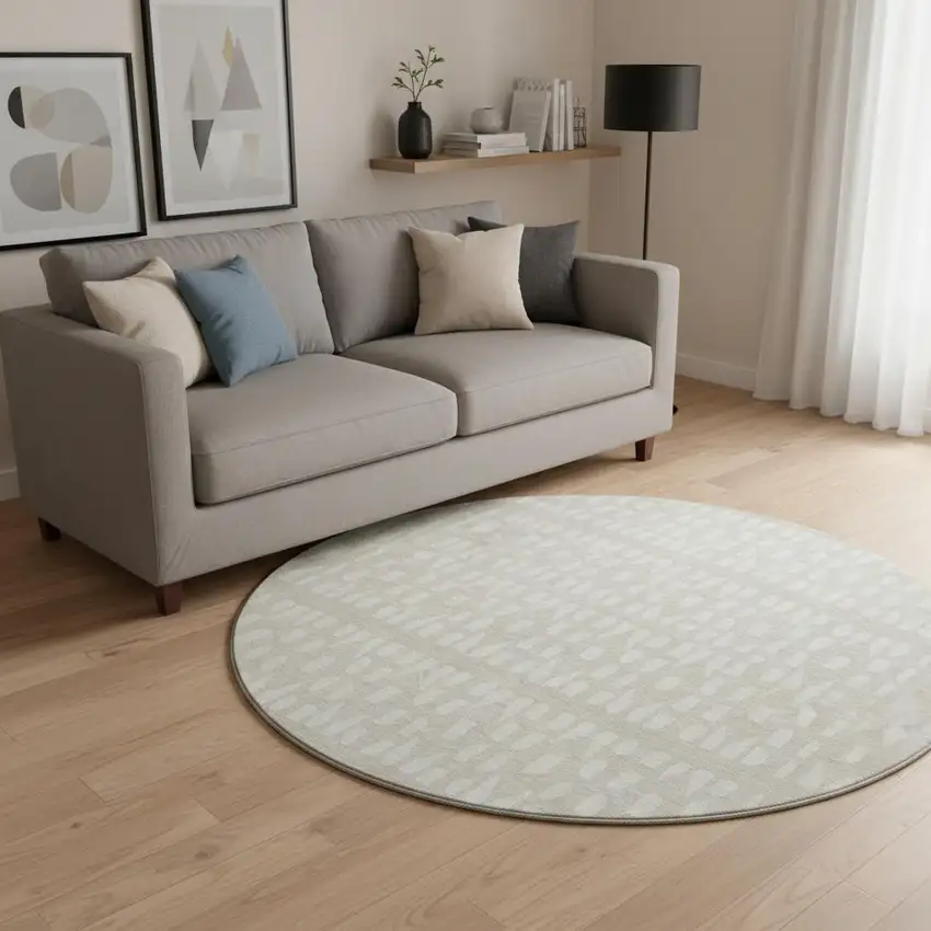 8' Beige And Ivory Geometric Washable Round Rug With UV Protection Photo 2