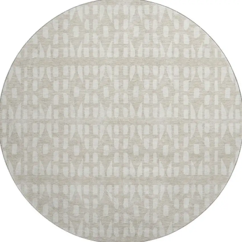8' Beige And Ivory Geometric Washable Round Rug With UV Protection Photo 3