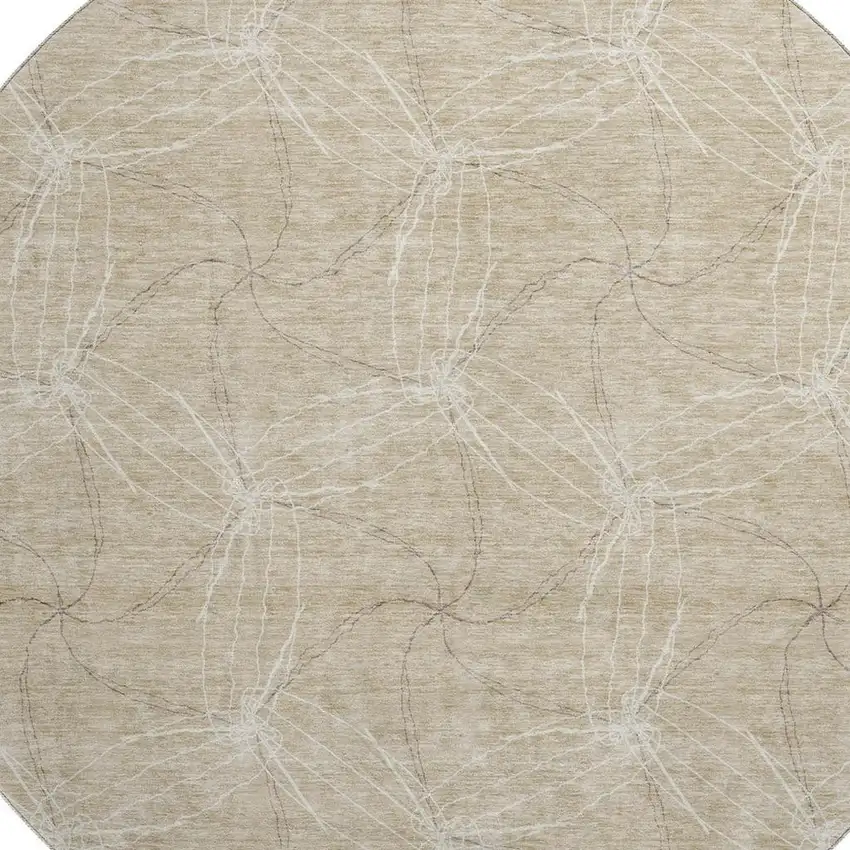 8' Beige And Ivory Geometric Washable Round Rug With UV Protection Photo 3