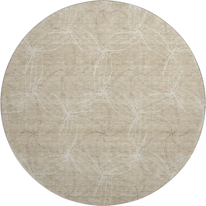 8' Beige And Ivory Geometric Washable Round Rug With UV Protection Photo 1