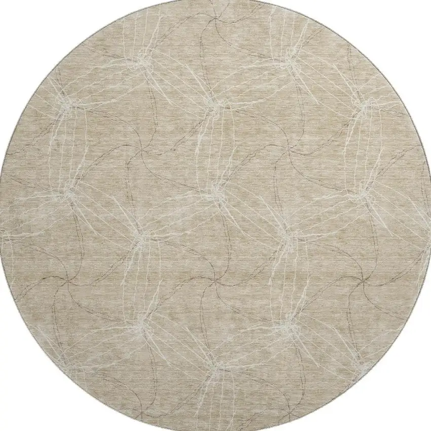 8' Beige And Ivory Geometric Washable Round Rug With UV Protection Photo 3