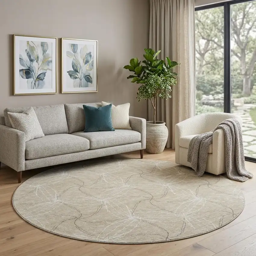 8' Beige And Ivory Geometric Washable Round Rug With UV Protection Photo 1