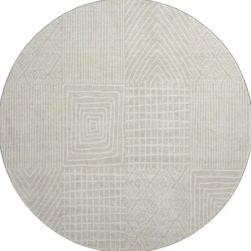 8' Beige And Ivory Geometric Washable Round Rug With UV Protection Photo 3