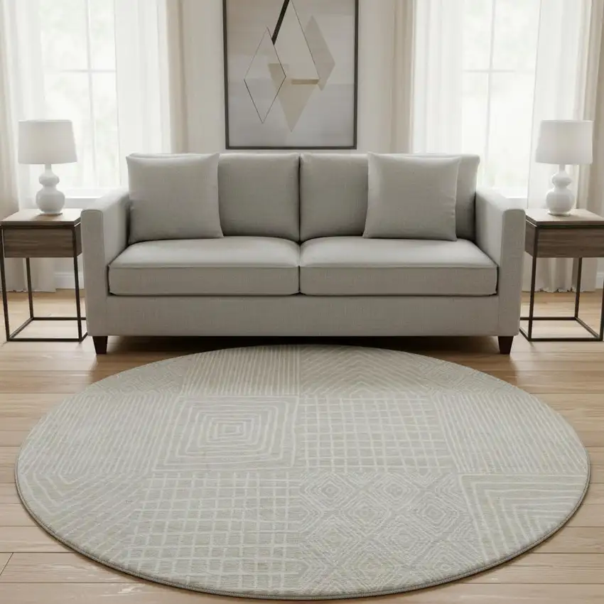 8' Beige And Ivory Geometric Washable Round Rug With UV Protection Photo 2