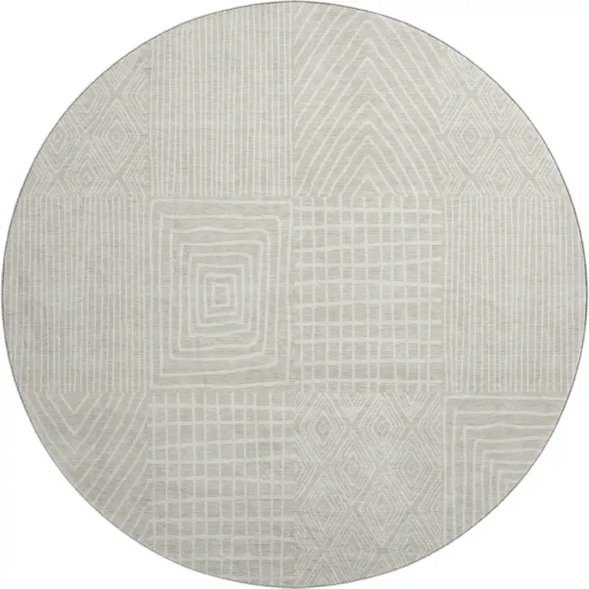 8' Beige And Ivory Geometric Washable Round Rug With UV Protection Photo 1