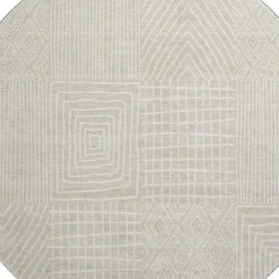 8' Beige And Ivory Geometric Washable Round Rug With UV Protection Photo 2