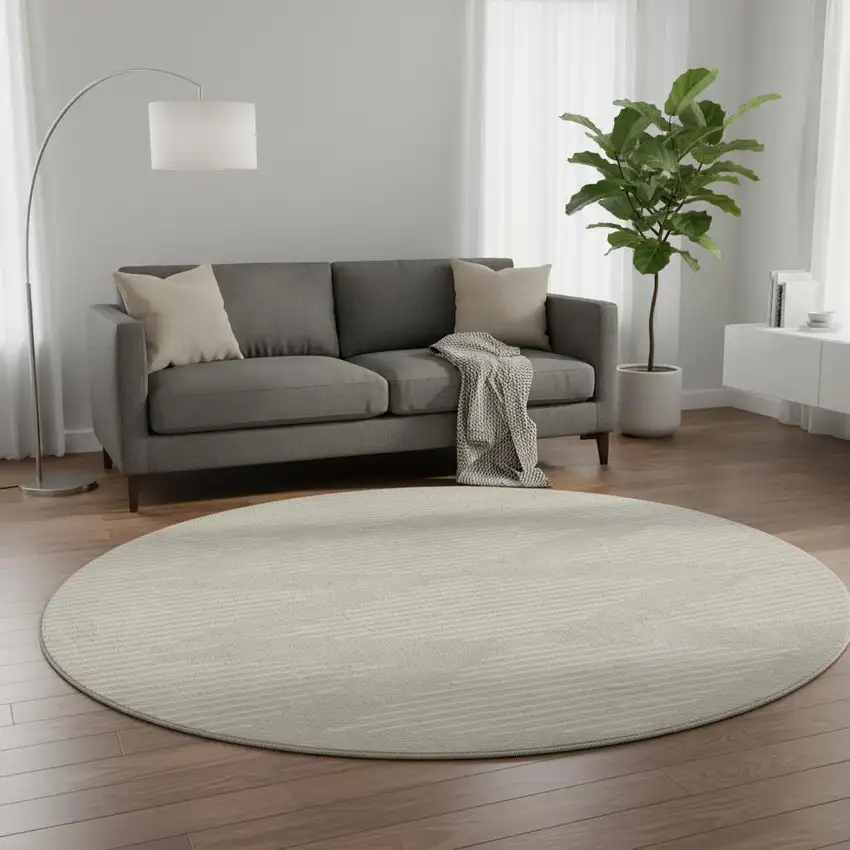 8' Beige And Ivory Geometric Washable Round Rug With UV Protection Photo 2