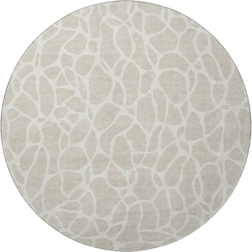 8' Beige And Ivory Geometric Washable Round Rug With UV Protection Photo 2