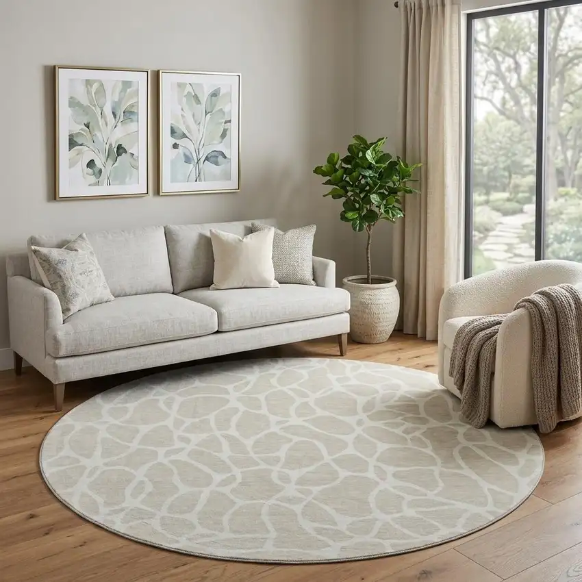 8' Beige And Ivory Geometric Washable Round Rug With UV Protection Photo 1