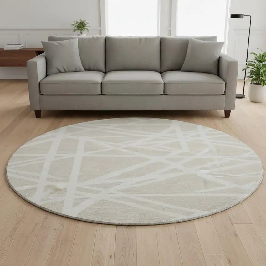 8' Beige And Ivory Geometric Washable Round Rug With UV Protection Photo 2